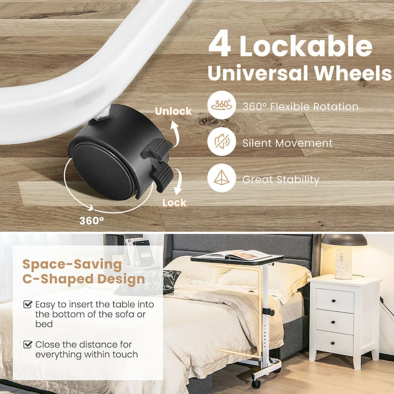 Gymax Overbed Bedside Table Universal Wheels Adjustable Tilt Top