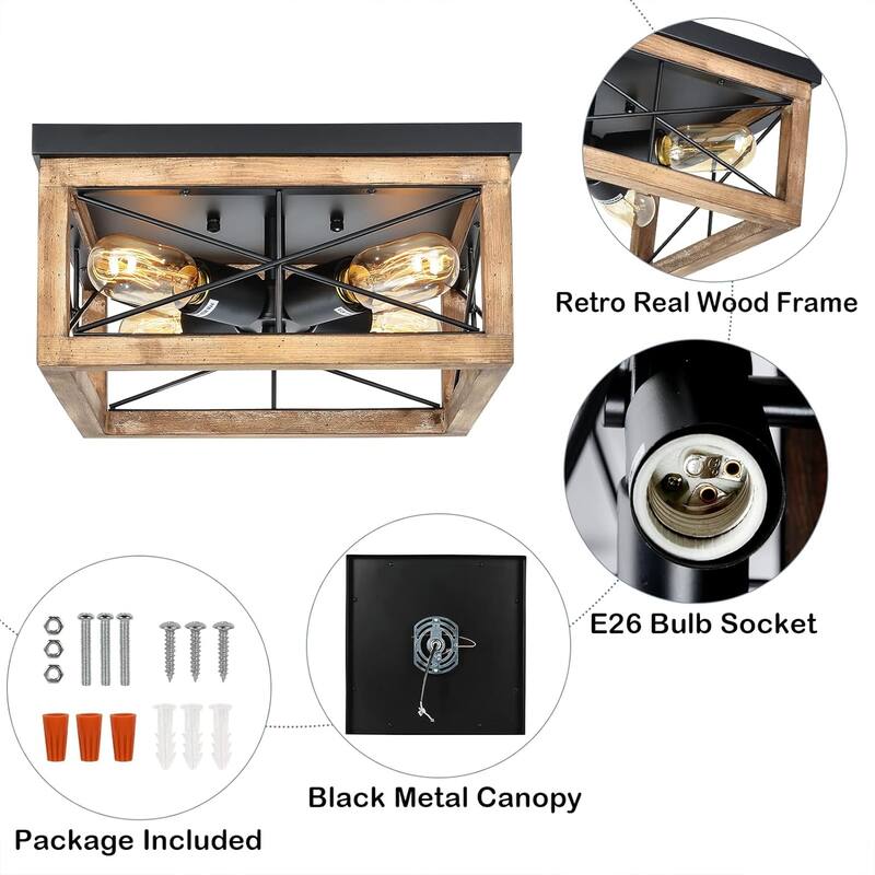 Wooden Flush Mount Ceiling Lights, 4-Light Farmhouse Close to Ceiling Lighting Fixtures Black Ceiling Lamp