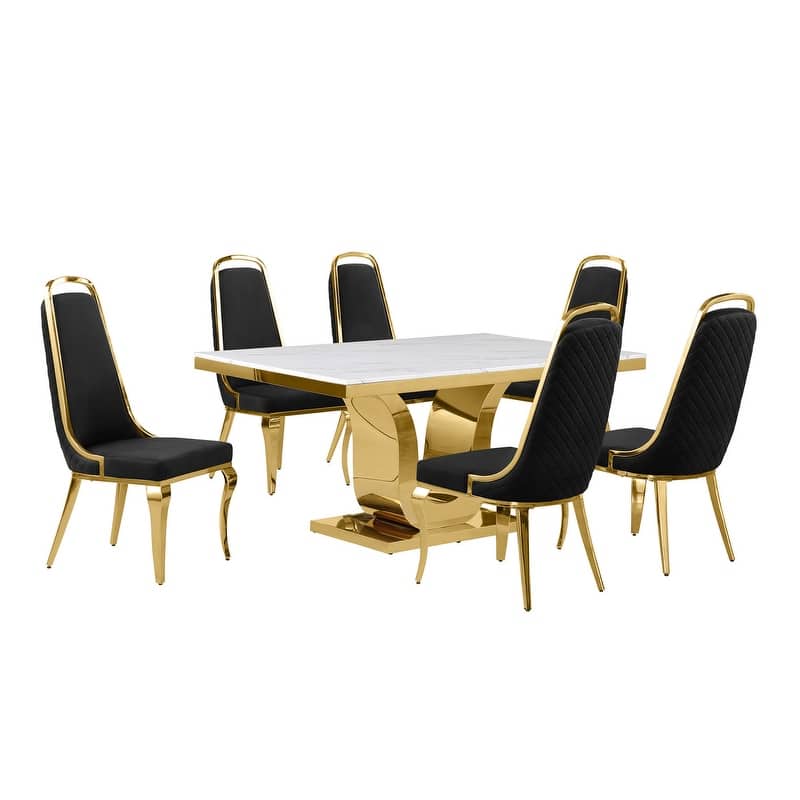 Best Quality Furniture D320-SC314-7 Dining Set with 66" White Marble Top