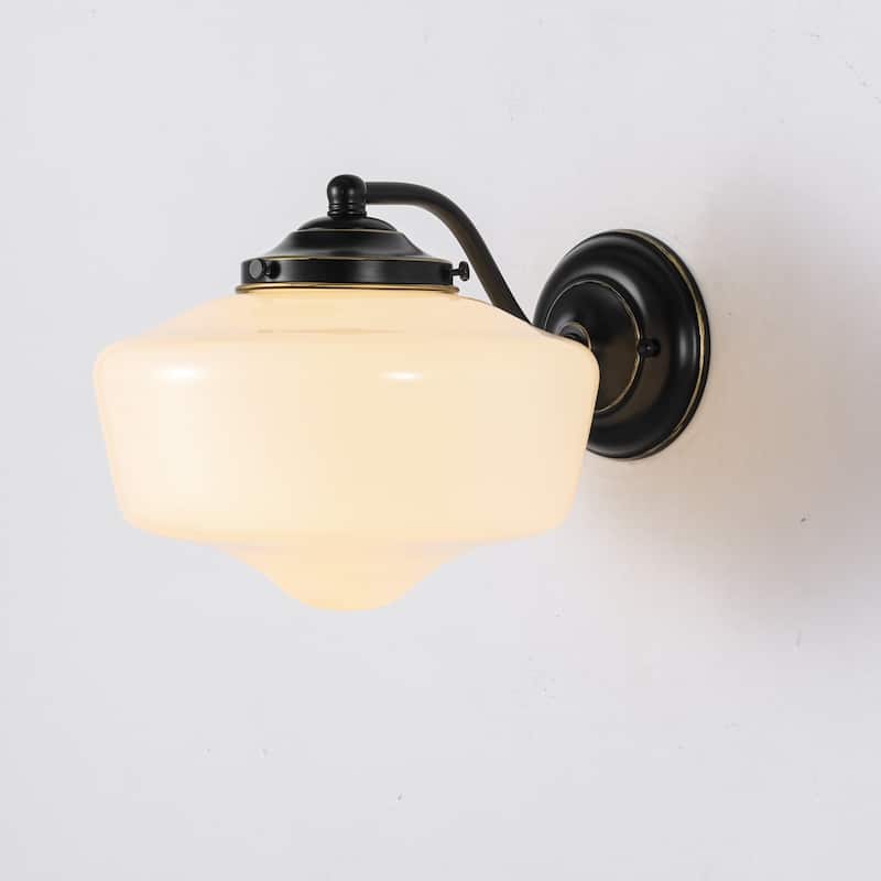 9.8 in. 1-Light Matte Black/Gold Dimmable Wall Sconce With White SchoolHouse Glass - Black/White