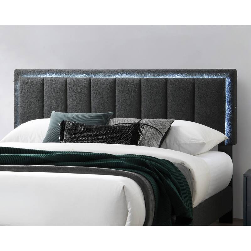 1pc Queen Size Bed Charcoal Wool Fabric Channel Tufting w LED Full Upholstered Bedframe Bedroom Bed