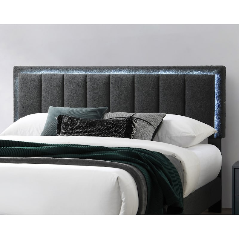 Queen Size Wool Upholstered Platform Bed with LED Channel-Tufted Headboard and Contemporary Platform Design
