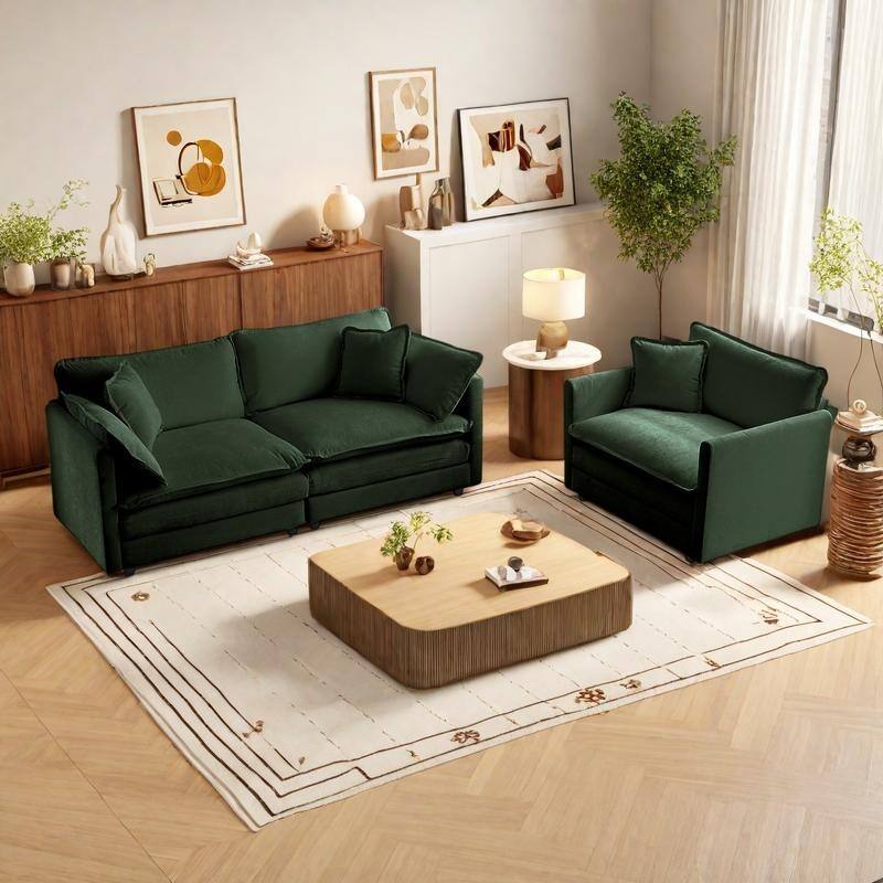 3-Piece Chenille Living Room Sofa Set (Loveseat + Accent Chair) with Solid Wood Frame & Plush Cushions - Green