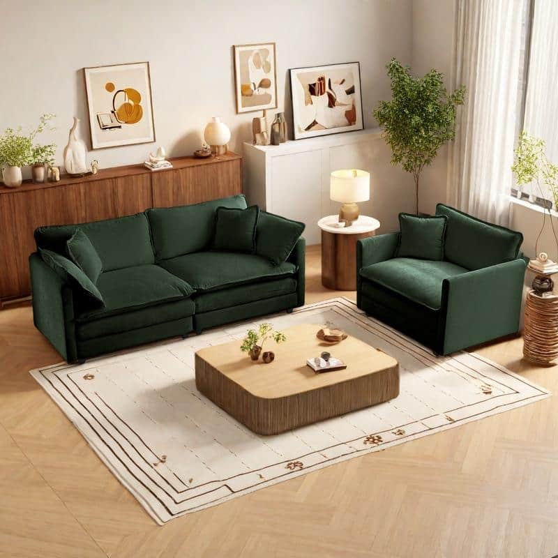 3-Piece Chenille Living Room Sofa Set (Loveseat + Accent Chair) with Solid Wood Frame & Plush Cushions