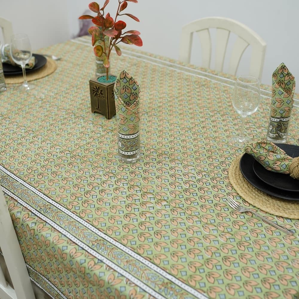 Fabdivine Floral Cotton Table Cover or Cloth Handmade Block Print for Dining & Home Décor Accent