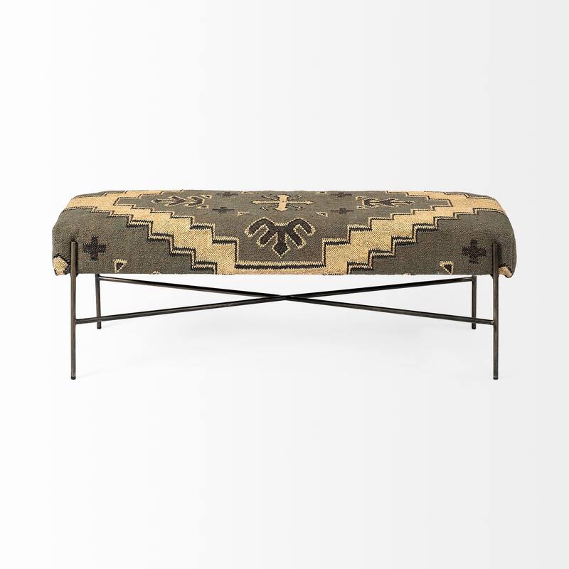 HomeRoots 55" Green Brown and Black Upholstered Abstract Cotton Blend Bench - 55