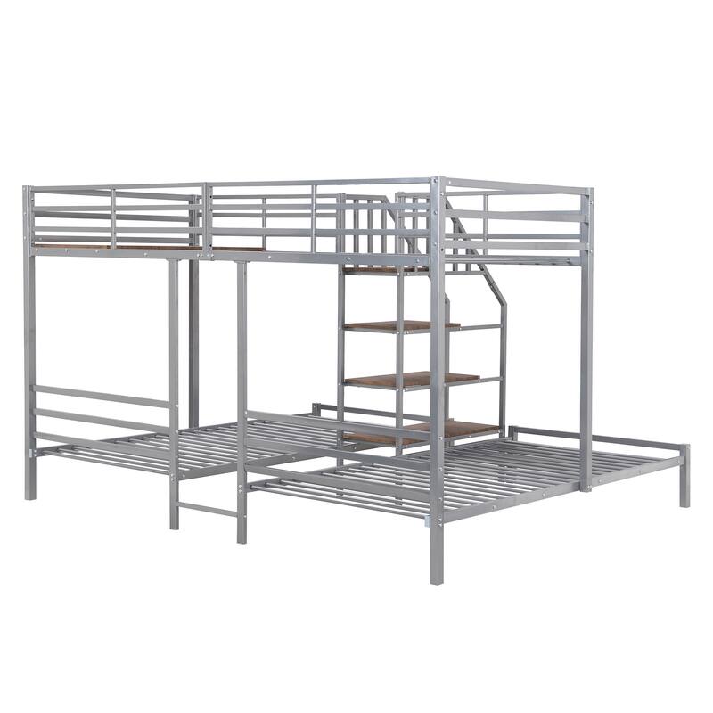 Metal Twin over Twin & Twin Bunk Bed, Triple Bunk Bed with Storage Shelves Staircase, Black