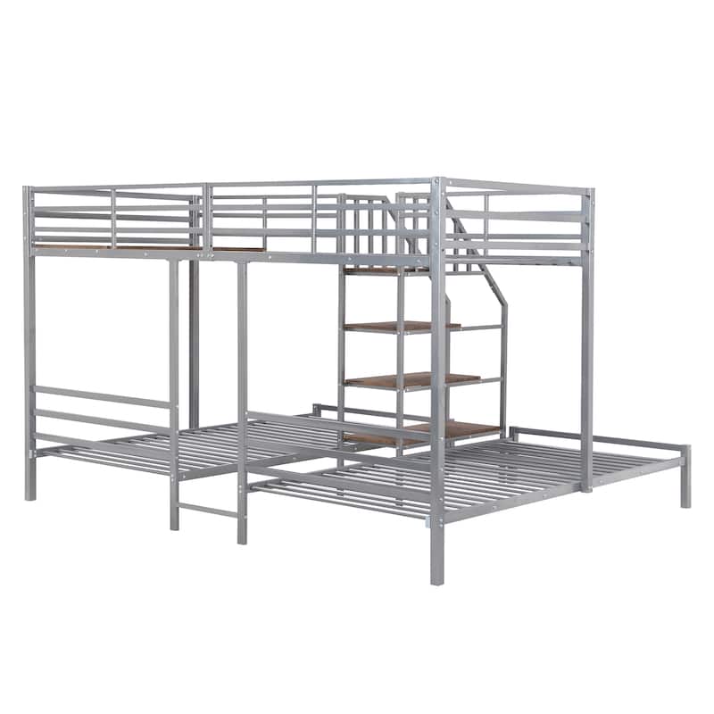 Metal Twin over Twin & Twin Bunk Bed with Storage Shelves Staircase, Triple Bunk Bed Frame, No Box Spring Needed for Kids