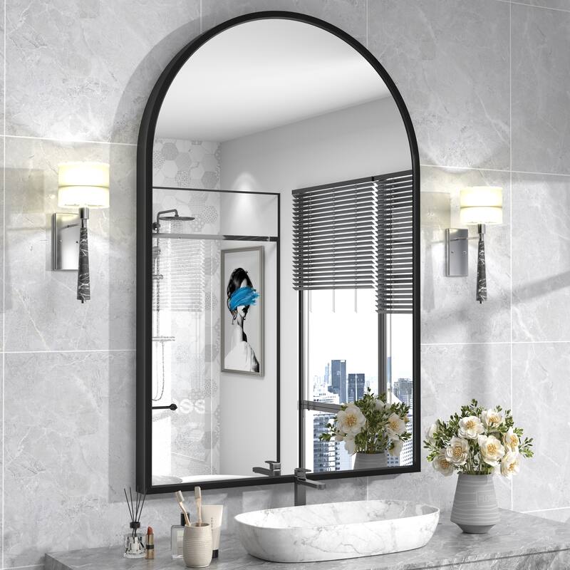 Arch High-Strength Tempered Glass and Aluminum Alloy Framed French Cleat Mounted Wall Mirror - 48" x 32" - Black