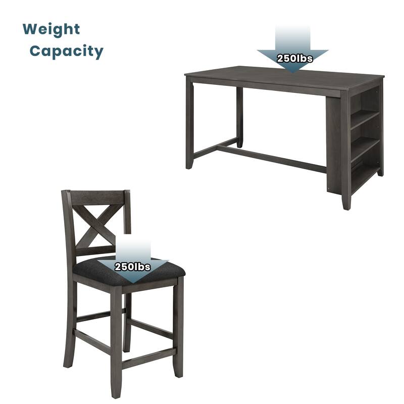 Roomfitters 5-Piece Counter Height Dining Table Set with 4 Upholstered Chairs and Side Storage Shelves