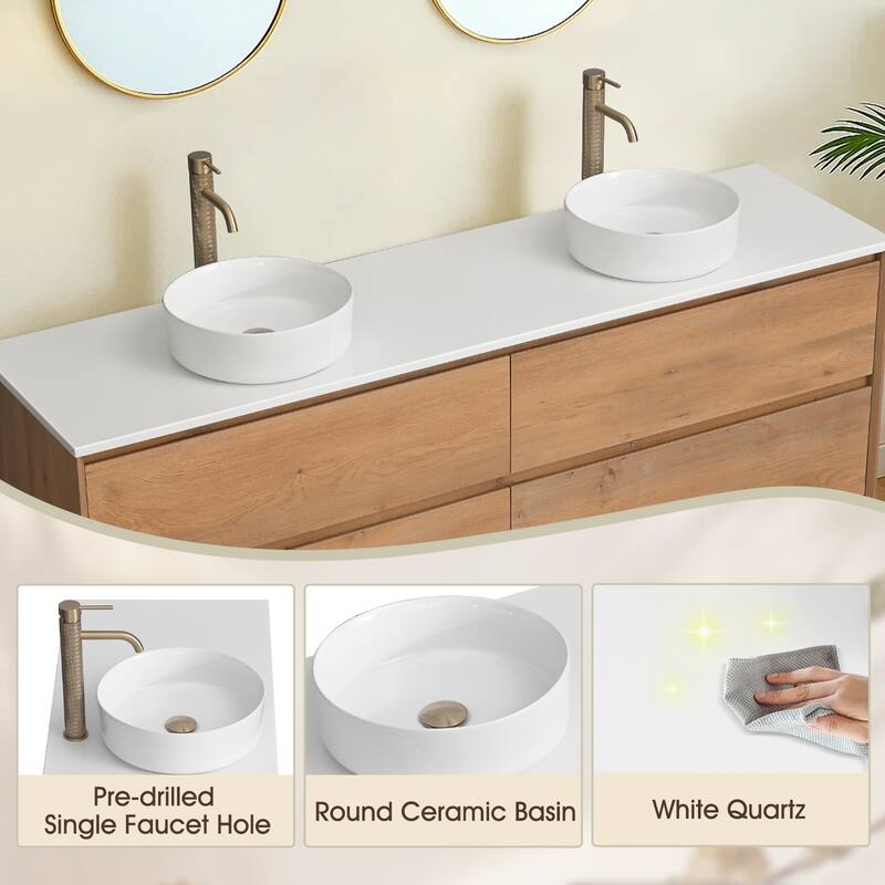 72" Floating Bathroom Vanity Quartz Counter Top with Double Ceramic Vessel Sink - Square Sink