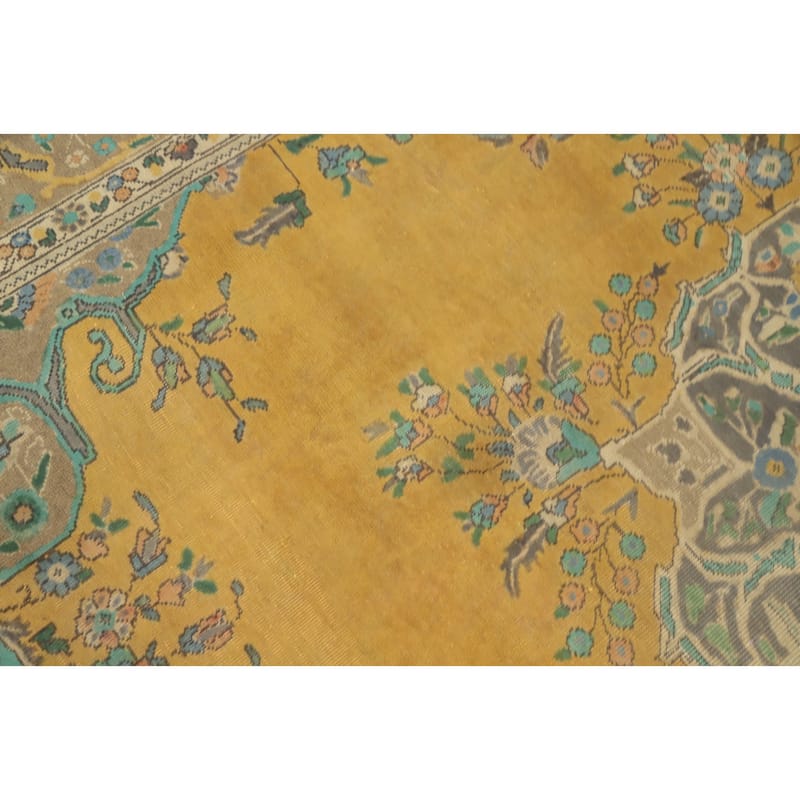 Hand Knotted Oriental 100% Wool Carpet Traditional Floral Yellow & Gold Tabriz Area Rug - 12' 5'' X 9' 8''