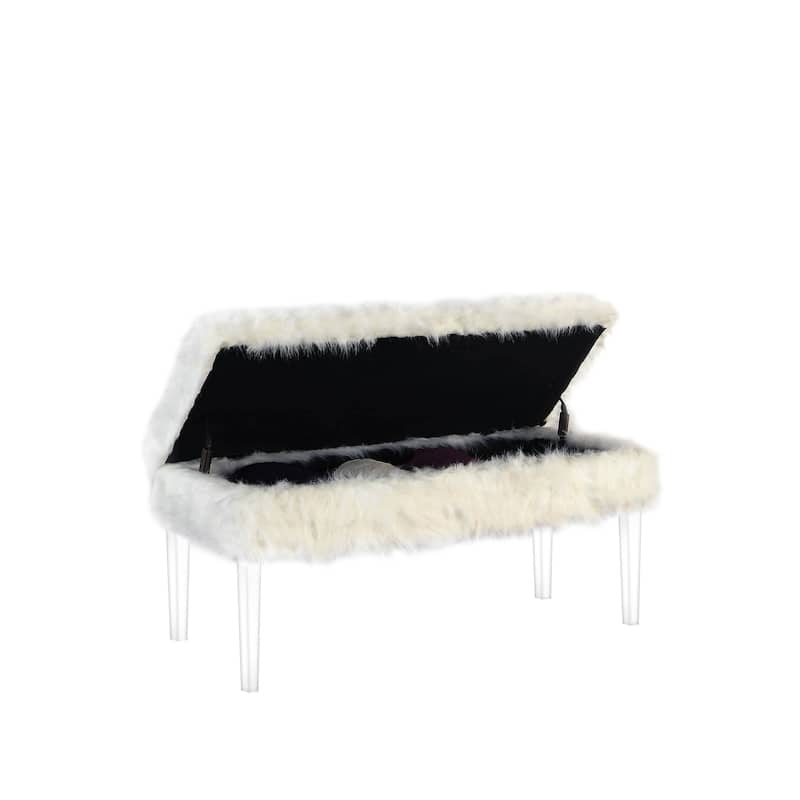 HomeRoots 42" Gray and Clear Upholstered Faux Fur Bench with Flip top