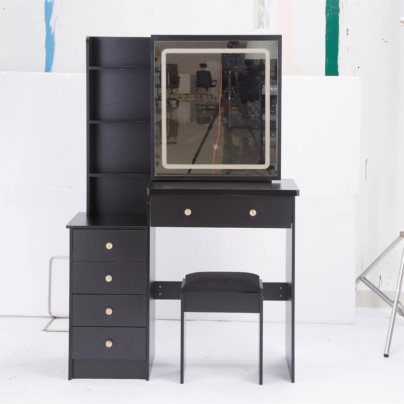 37" Mid-Size Left Bedside Vanity Set with LED Mirror and Stool - Black