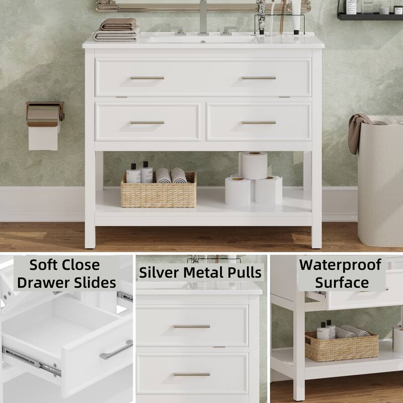 36" Vanity with Ceramic Sink,Vanity with Tip-Out Tray and 2 Full-Extension Drawers,Pulls and Close Drawer Slides Design