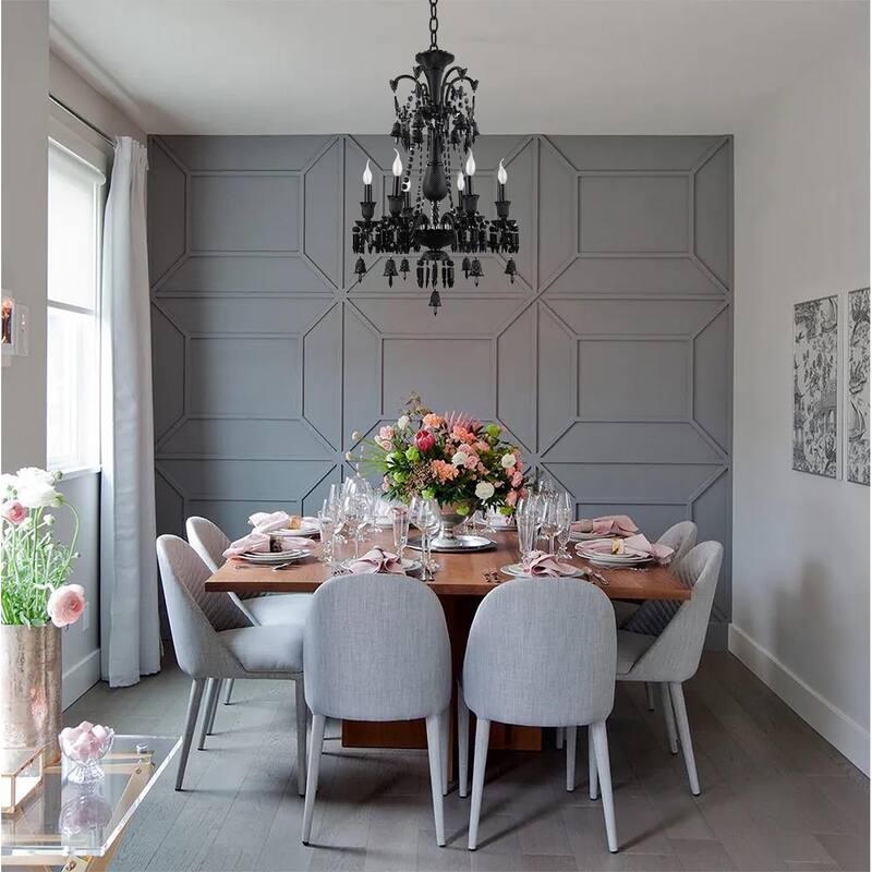 6-Light Black Chandelier With Black Crystals