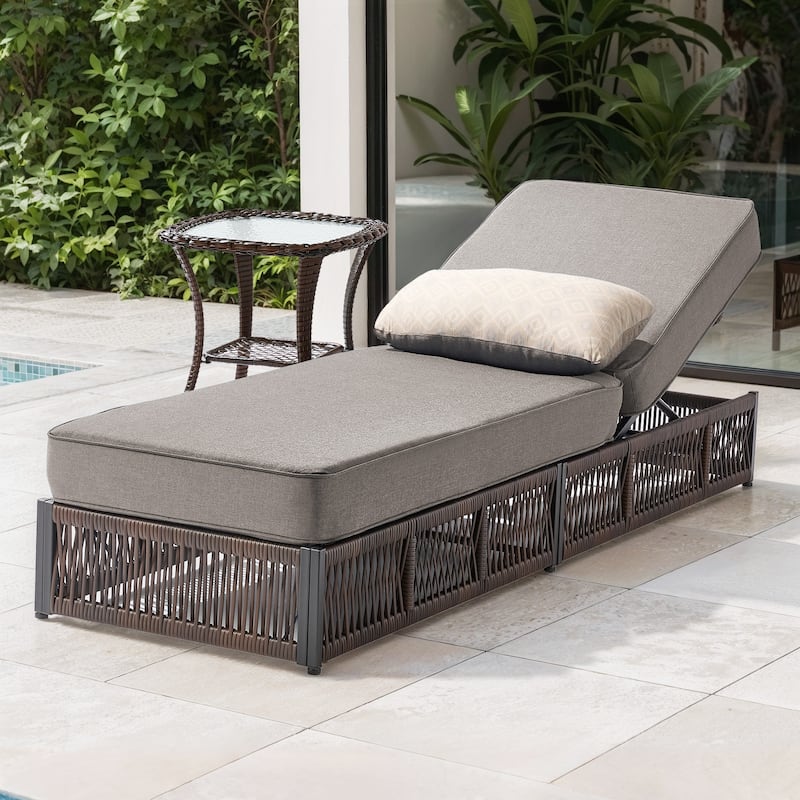 Pocassy Patio Chaise Lounge Chair with Adjustable Backrest - Brown Wicker Gray Cushion