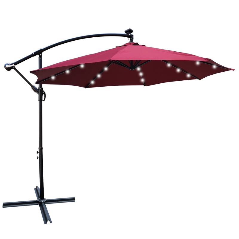 10 ft Solar Powered LED Patio Umbrella with Crank, Waterproof Canopy, and Cross Base for Outdoor Use