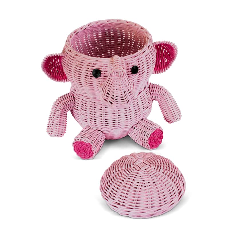 Large Pink Elephant Rattan Storage Basket with Lid Decorative Home Decor Hand Woven Shelf Organizer Cute Handmade Gift