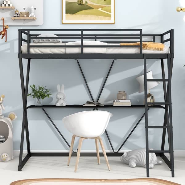 slide 2 of 11, Twin Metal Loft Bed with Desk & Guardrails - Industrial Style with Safety Black - Full