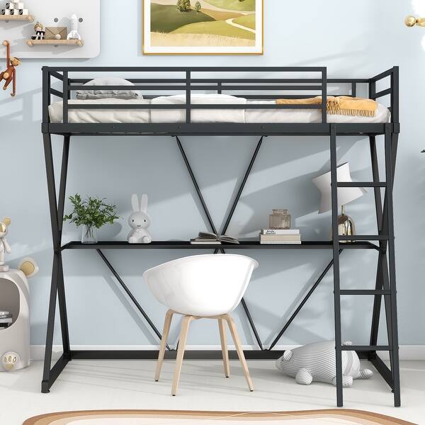 slide 2 of 10, Twin Size Loft Bed with Desk and Ladder, X-Shaped Frame Black