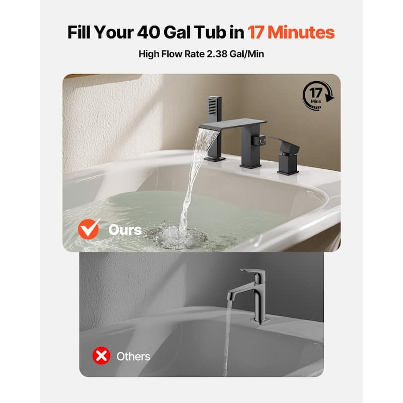 Roman Tub Faucet 3 Hole Waterfall Bathtub Faucet with Shower Head 1 Handle - 8.66” x 7.48” x 3.86”