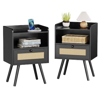 Nightstands Set of 2, Bedside Tables with PE Rattan Drawers, Rattan Side Table with Storage & Solid Wood Feet