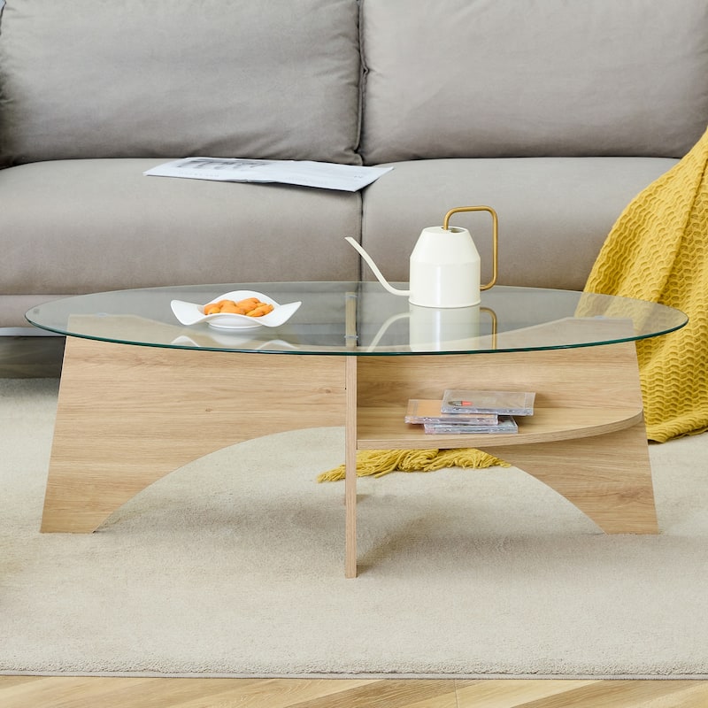 GDFStudio Elowen Tempered Glass Coffee Table with Wood Legs and Multi-Functional Design