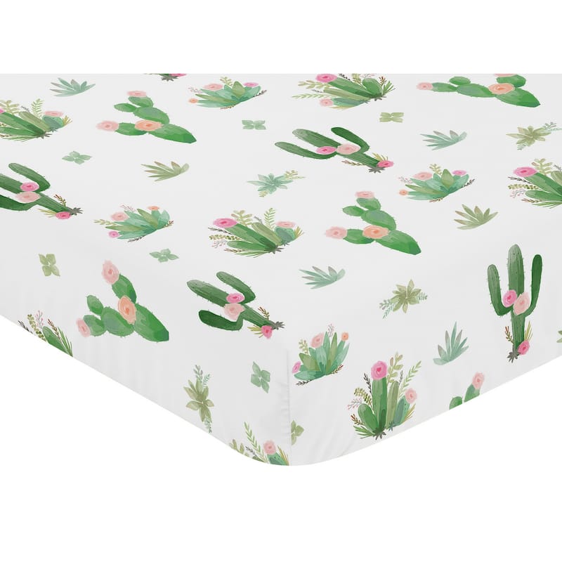 Sweet Jojo Designs Pink Green Boho Watercolor Cactus Floral Collection Fitted Crib Sheet