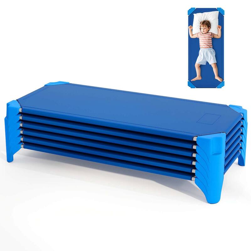 6PCS Stackable Daycare Cots for Kids Portable Nap Cots Easy Lift Bed - Blue