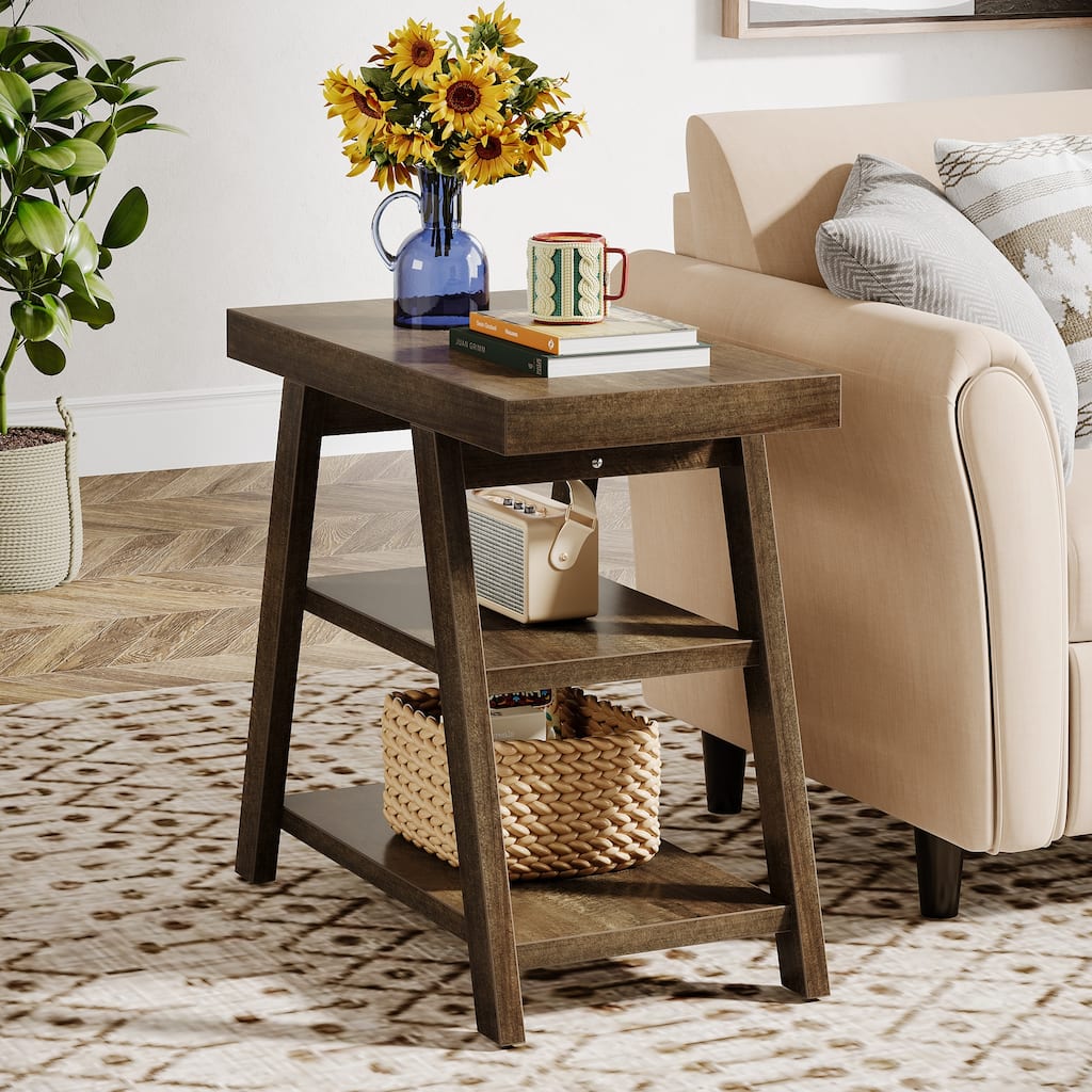 End Table, Side Table with 3-tier Storage Shelf