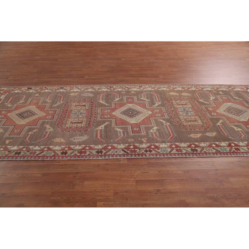 Hand Knotted Oriental 100% Wool Carpet Traditional Tribal Brown Ardebil Runner Rug - 10' 3'' X 4' 3''