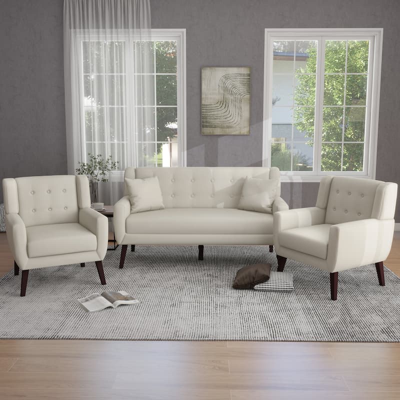Modern Upholstered Faux Leather Tufted Armchair Linen Accent Chairs - 2Chairs+1Sofa - White/Linen/3-Piece