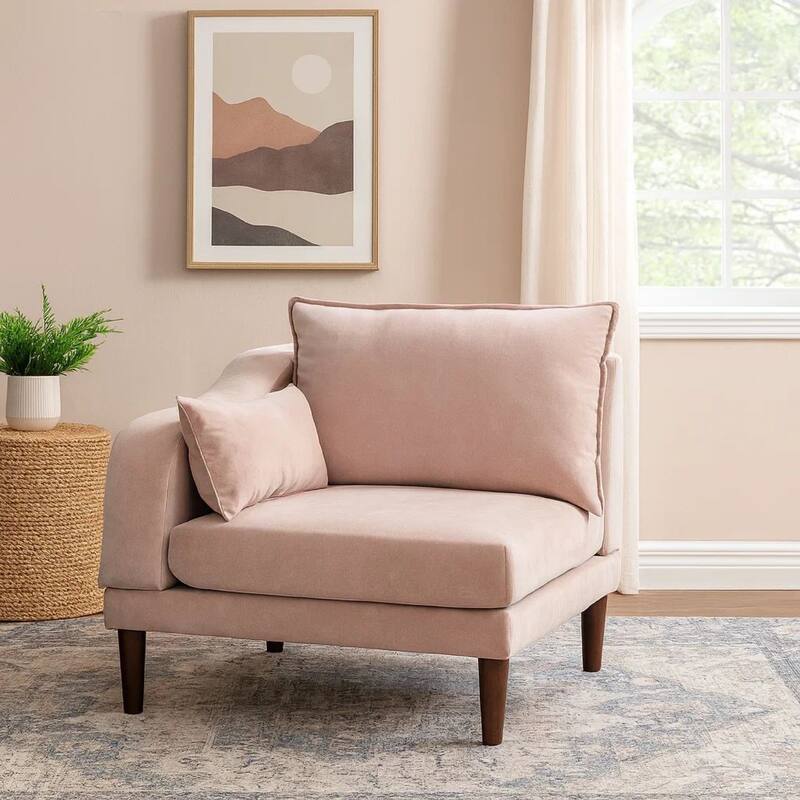Rio 33 Inch Modular Single Arm Corner Chair, 2 Lumbar Cushions, Blush Pink