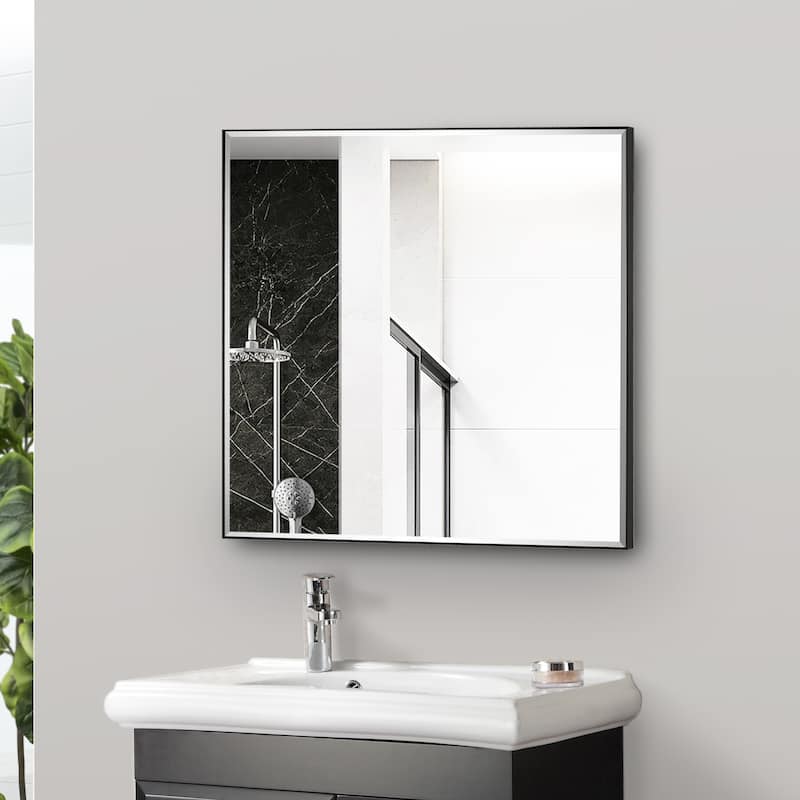 Aluminum Framed Rectangle Beveled Bathroom Wall Mirror - 30"W x 30"H - Black