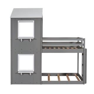 Twin Bunk Bed with House Frame, Ladder & Guardrail - Wood Finish