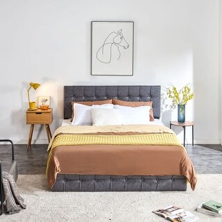 Grey Queen Size Adjustable Headboard Height Upholstered Bed