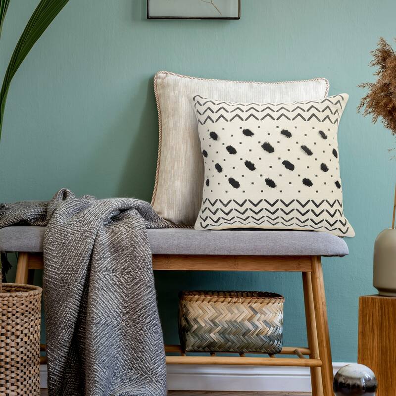 Handwoven Over-Tufted Grid Square Throw Pillow - 20" - Cream and Black