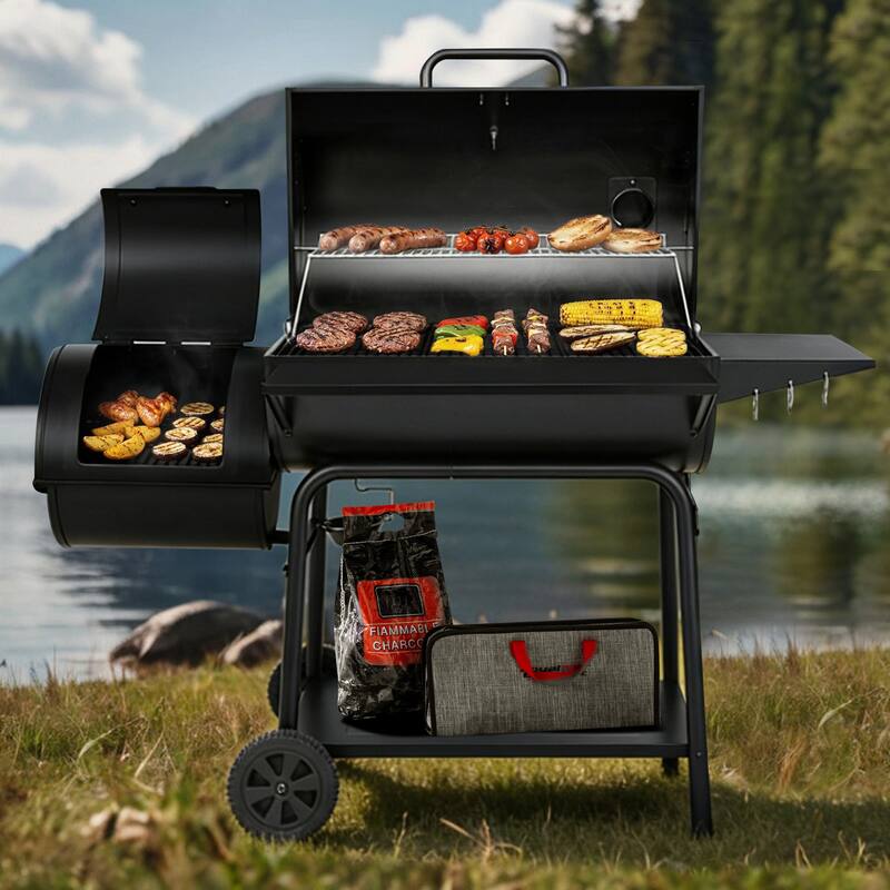 Royal Gourmet Charcoal Barrel Grill with Offset Smoker, Black