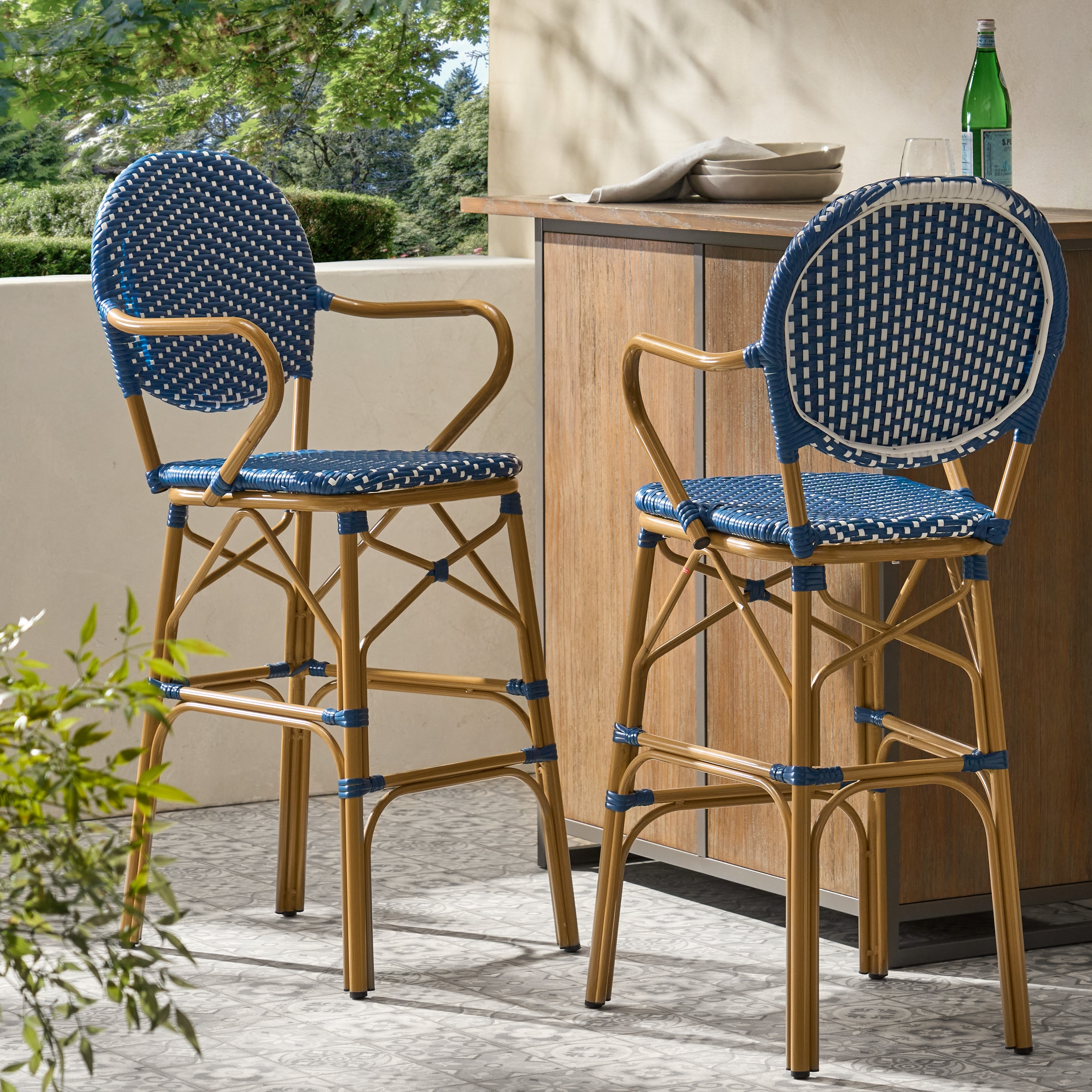 Outdoor Wicker And Aluminum 29.5" French Barstools, Set Of 2, Bamboo Print Finish