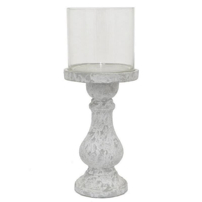 Kris Candle Holder with Hurricane Glass Top, White Gray Ceramic 7 Inch - White, Gray, Clear
