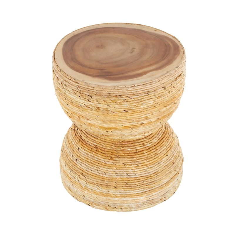 Banana Leaf Handmade Woven Accent Table with Wooden Tabletop - Light Brown - Roche River Decor