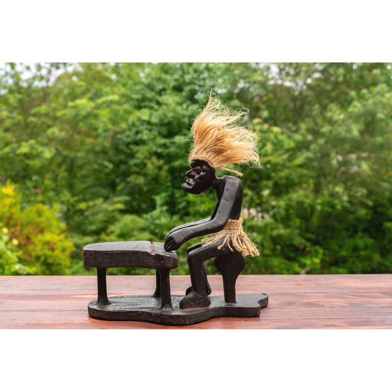 Handmade Wooden Primitive Tribal Funny Statue Playing Piano Sculpture Tiki Bar Handcrafted Unique Gift Art Decorative Home De