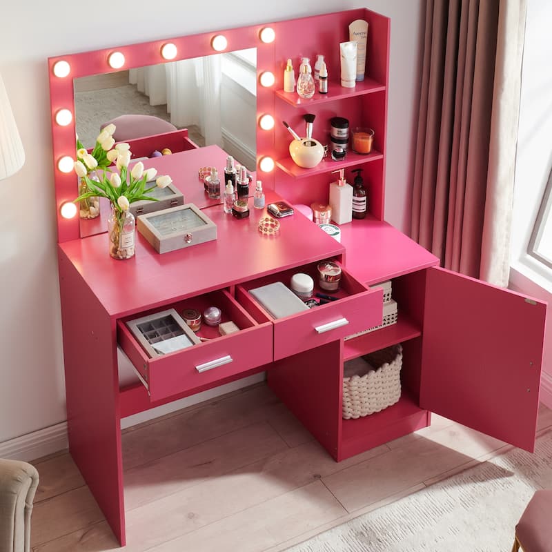 Dressing Vanity Desk with 2 Large Drawers & Large Vertical Organizer & Mirror with 3 Adjustable Lighting Modes