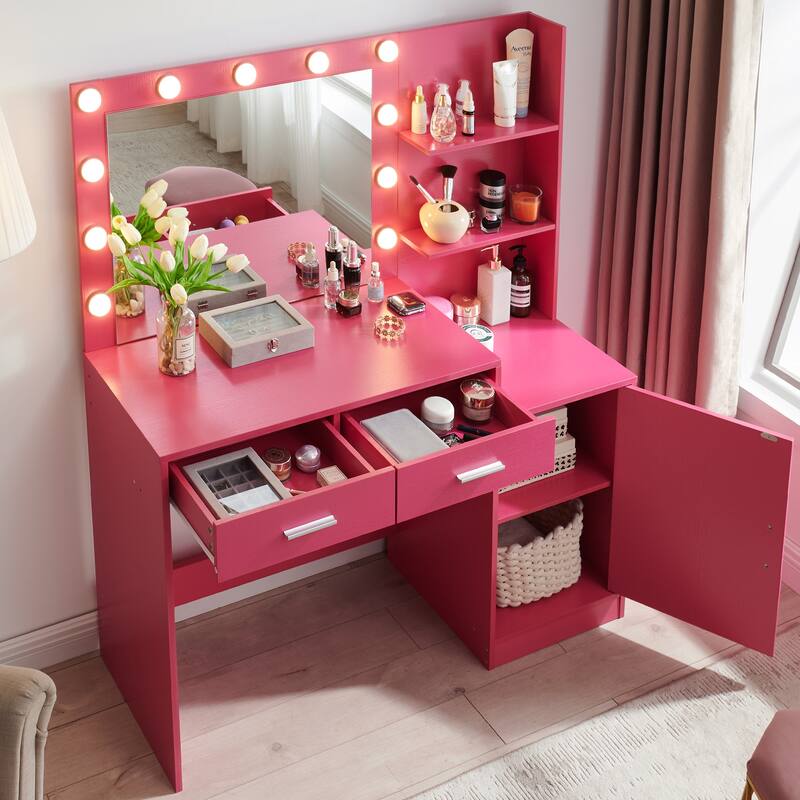Vanity Desk with Mirror and Lights, with 2 Drawer&Vertical Organizer, 3 Level Dresser & 3 Lighting Modes Adjustable Brightness