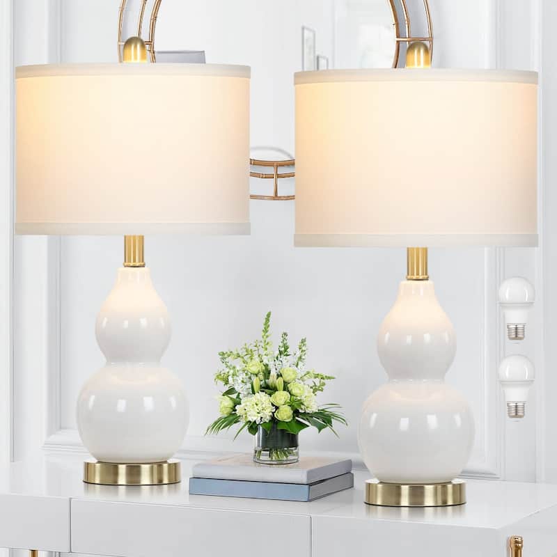 White Ceramic Table Lamps Gourd Lamp Body Drum Shade (Set of 2) - 11'' x 11'' x 22'' (L x W x H)