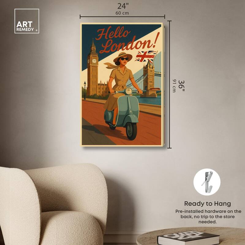 Scooter English Travel Canvas by Art Remedy, Gallery Wrapped
