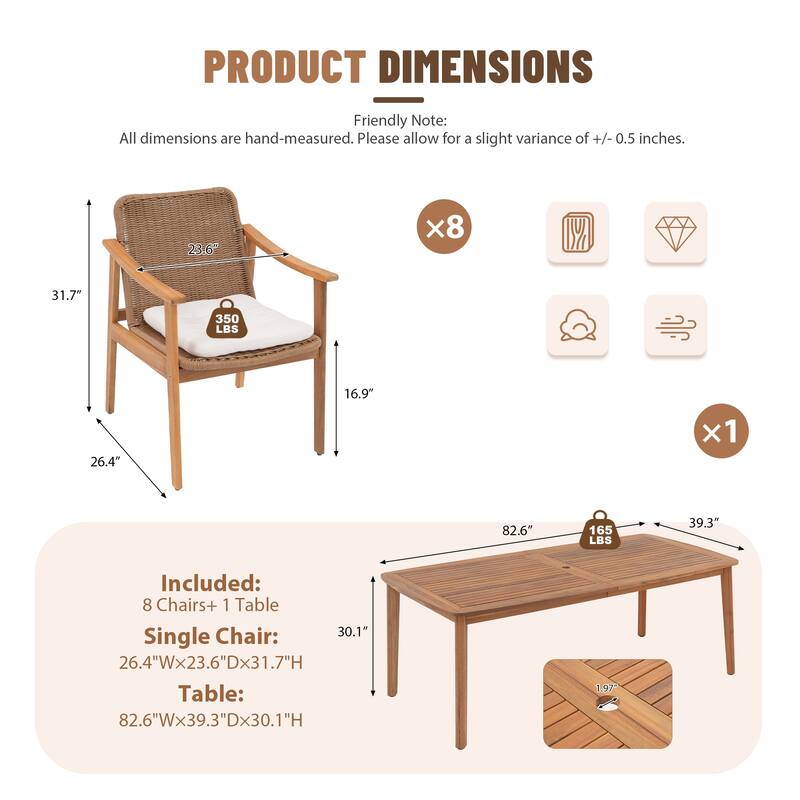 Outdoor Acacia Wood Dining Set with PE Wicker Rattan Dining Chairs And Table with Umbrella Hole 9-Piece Weather-resistant Set