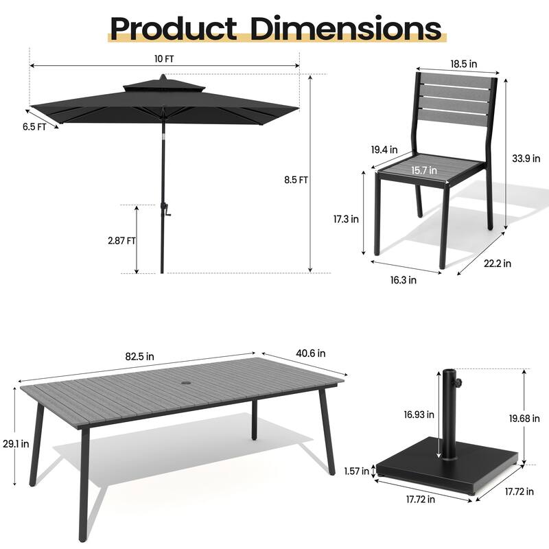11 PC Outdoor Patio Dining Set Wood-Like Aluminum Umbrella Hole Table with Stackable Chairs,Double Top Market Umbrella and Base
