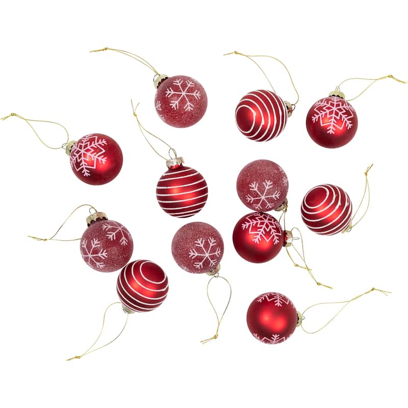 Snowflakes and Striped Glittered Glass Christmas Ornaments - 1.75-Inch (45mm) - Red - 12ct